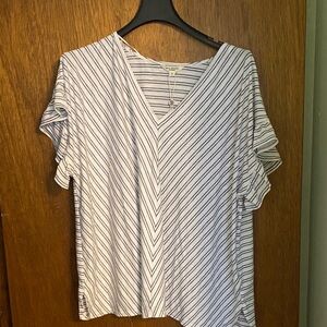 Max Studio Navy and White Striped V-Neck Blouse